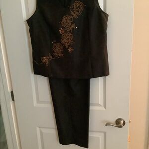 Black Floral Embroidered Sleeveless Top and Pants Set
